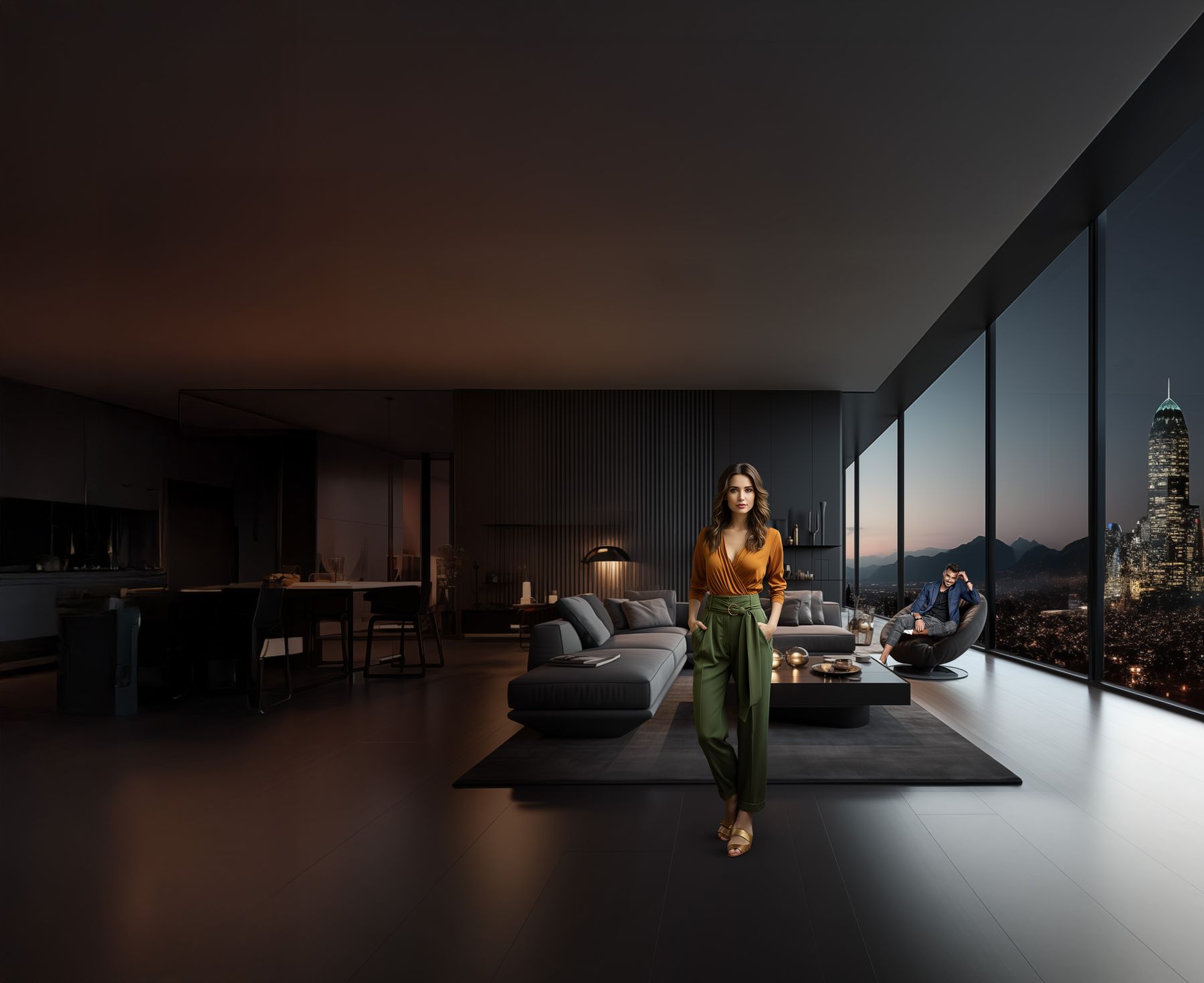 Ultra-grand 3 bed suite living room at dusk